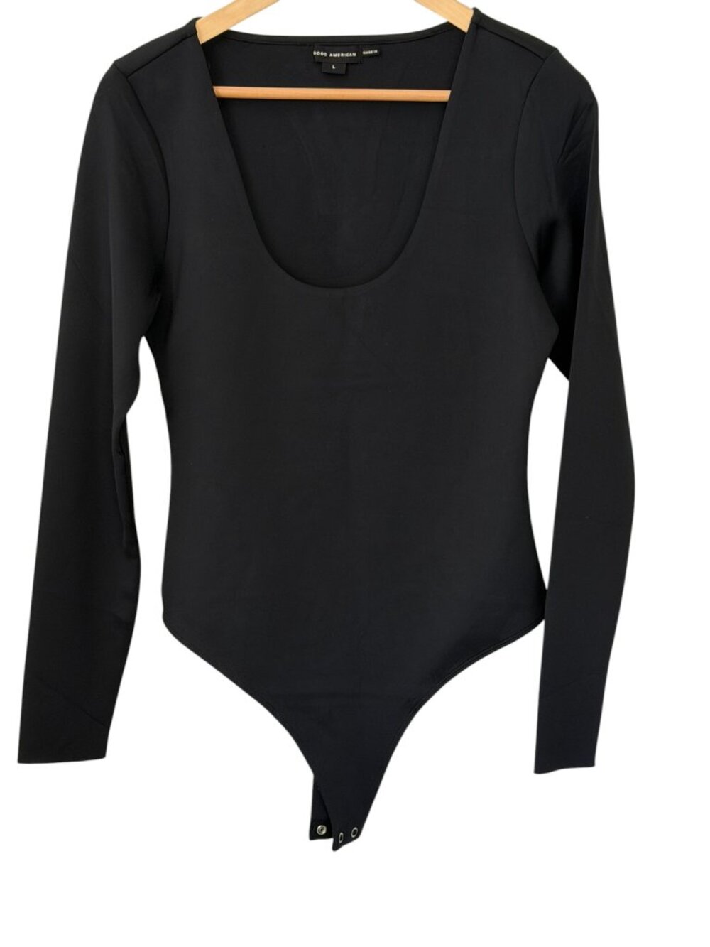 Good American Sculpting Scuba Scoop Neck Long Sleeve Bodysuit Thong Snap Black L